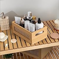Vista 5 de Cesta de almacenamiento de ratán, paquete de 2 contenedores de almacenamiento hechos a mano de bambú natural con marco de madera y asas, caja