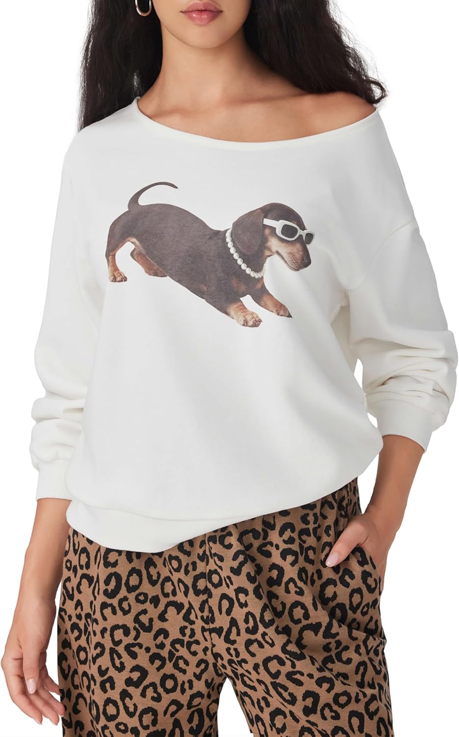 CIDER Going Out Sweatshirt for Women Dachshund Graphic Asymmetrical Neck Long Sleeve Terry Pullover Dog Top - Image 2