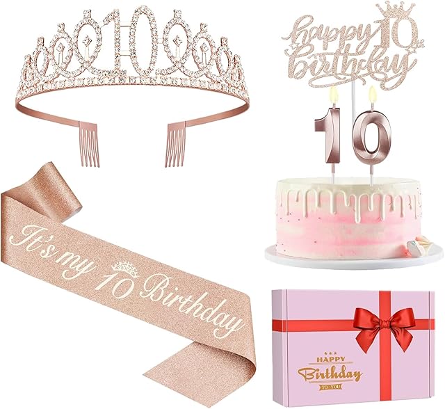 10th Birthday Decorations for Girls,10th Birthday Sash,Crown/Tiara,Candles,Cake Toppers,10th Birthday Gifts for Girls,10th Birthday Party Favors