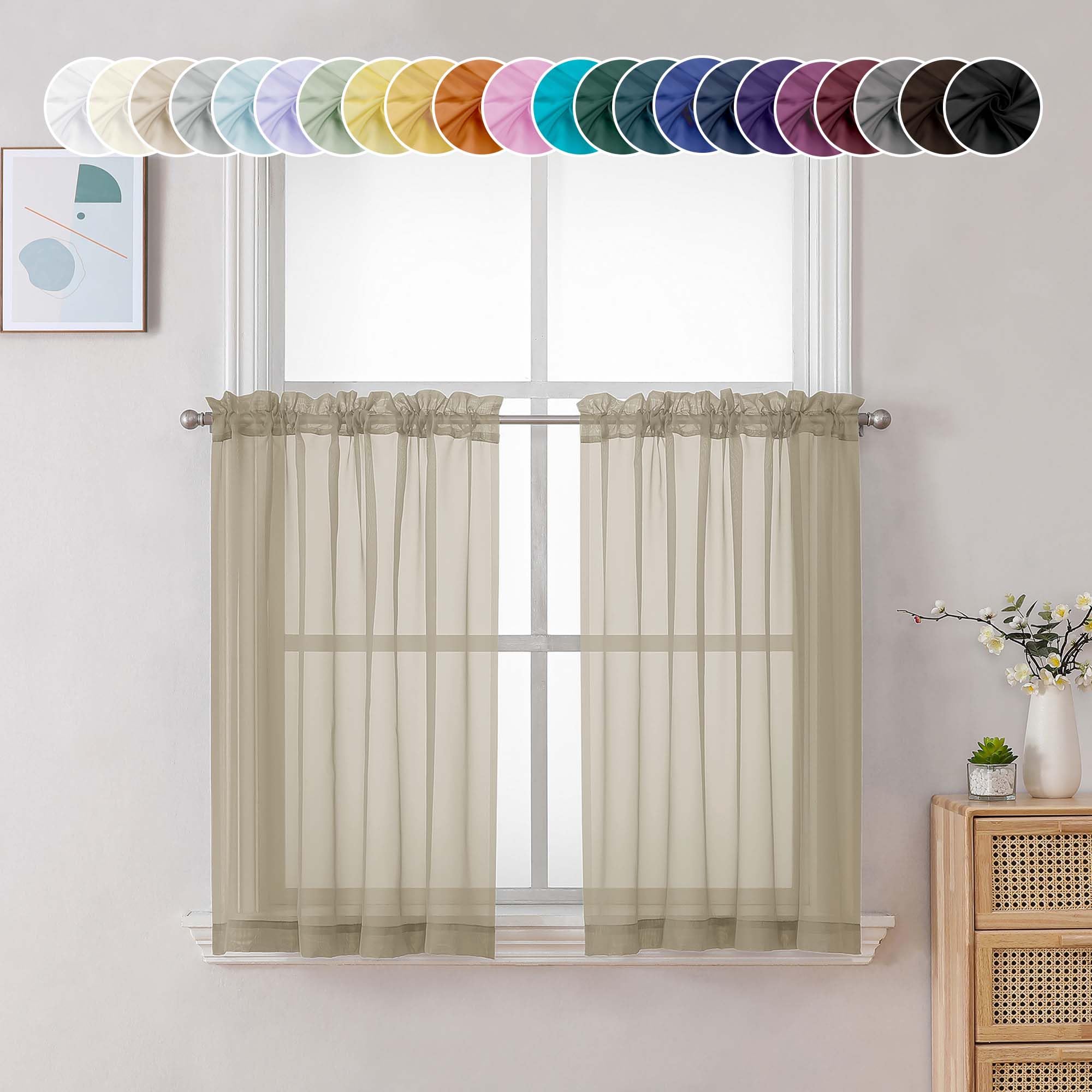 Chyhomenyc Taupe Sheer Curtains 36 inch Length 2 Panels, Light Filtering Voile Rod Pocket Short Window Curtians for Bathroom Living Room Farmhouse Small Windows, 42Wx36L inches — image 1