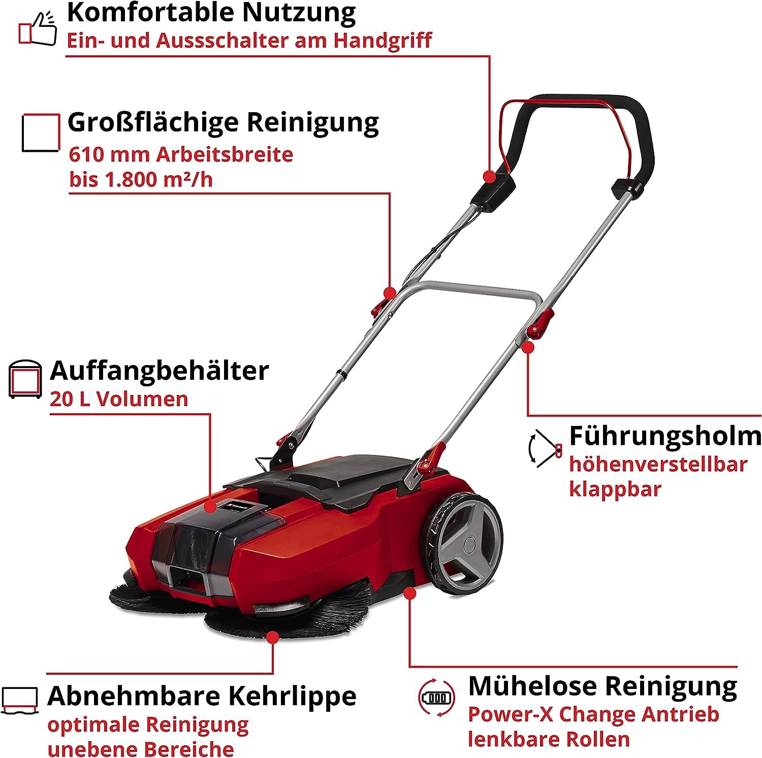 Einhell Akku-Kehrmaschine TE-SW 18/610 Li-Solo Power X-Change (18 V, Li-Ion, 20 L Schmutzbehälter, 61 cm Arbeitsbreite, Parkposition, verstellbarer Lenker, abnehmbare Lippe, Ein-und Ausschalter)