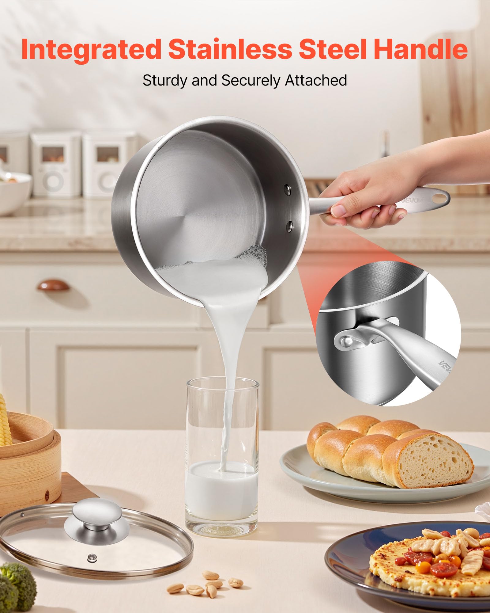 VEVOR Zestaw rondli ze stali nierdzewnej, 1 QT, 2 QT i 3 QT, ze szklanymi pokrywkami, wielofunkcyjny, nieprzywierający, ze stali nierdzewnej, z ergonomicznym uchwytem, przyjazny do piekarnika