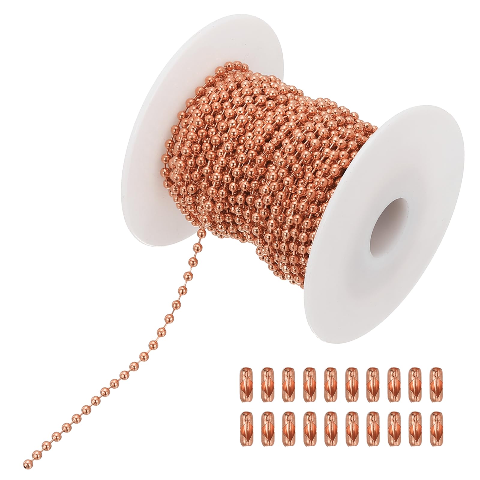 PATIKIL 10m/32.8ft Beaded Ball Chain, 2.4mm Stainless Steel Pull Chain Extension with 20 Pcs Connectors for Tag Chain, Keychain Rings, DIY Crafts, Rose Gold