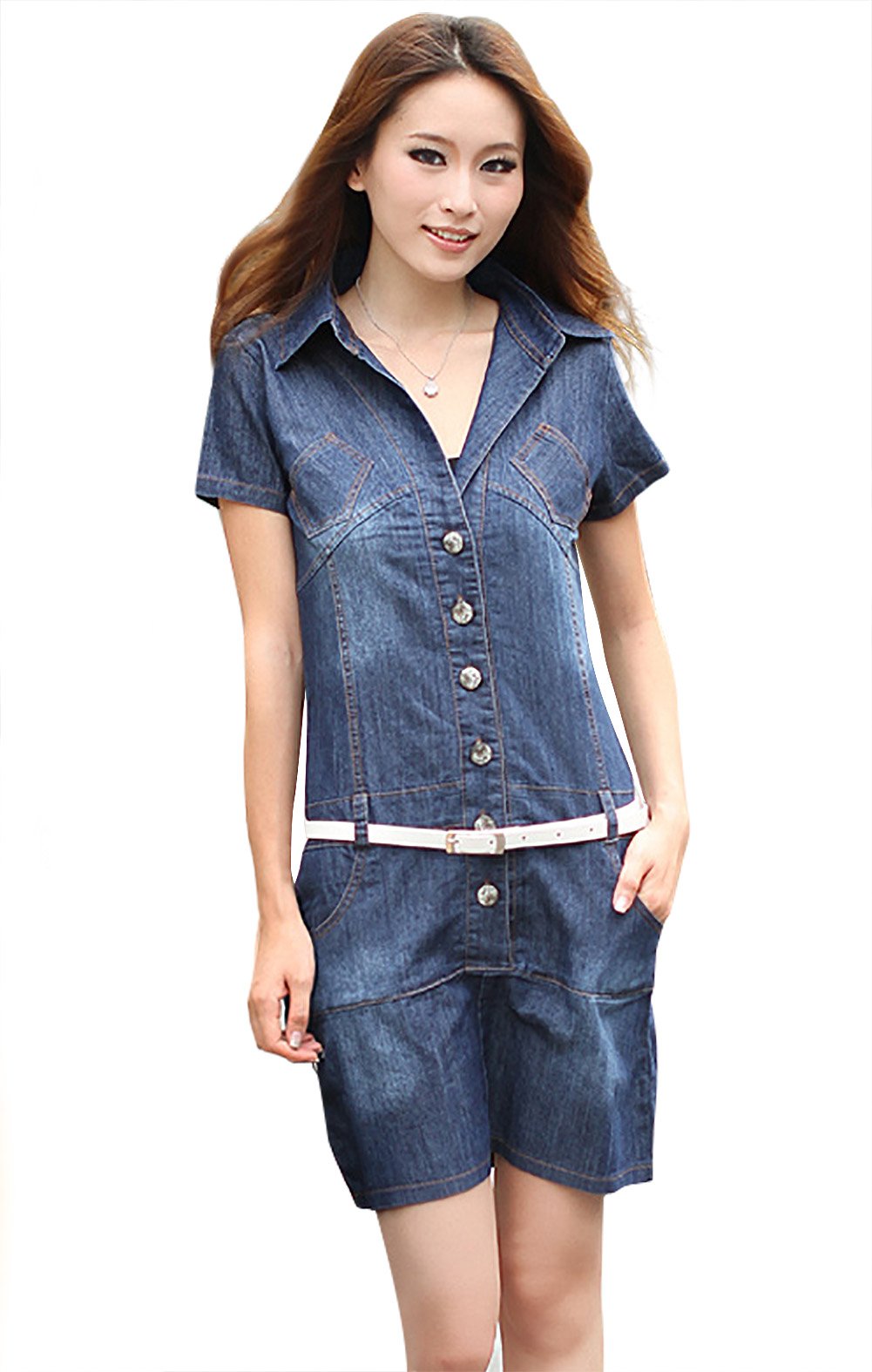 1vemoon Women's Casual Turn-down Collar Button-down Slimming Short Jean Dress