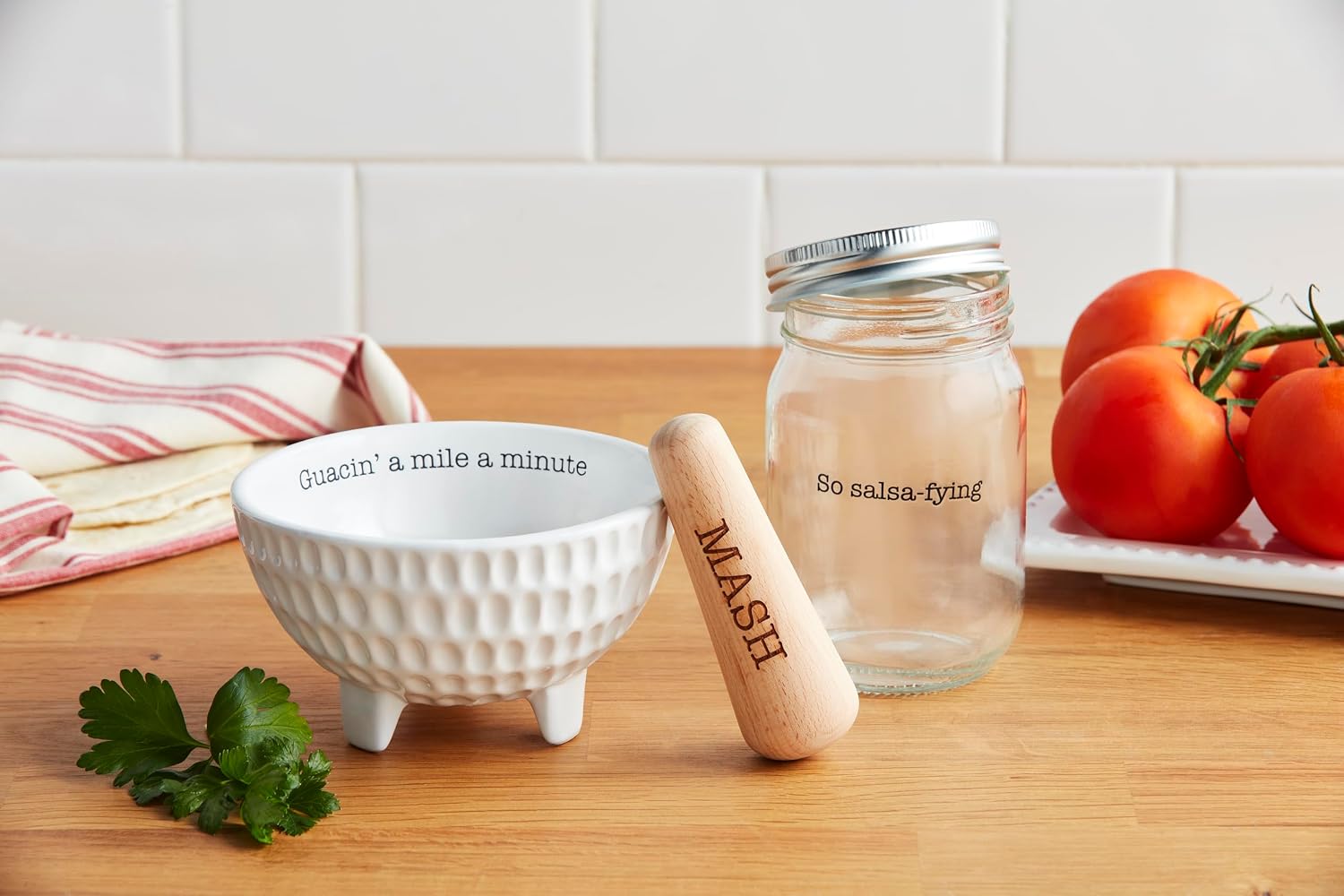 Mud Pie Circa Salsa Guac Set; bowl 3" x 5" dia | jar 4 1/4" x 3 1/4" dia | muddler 4"