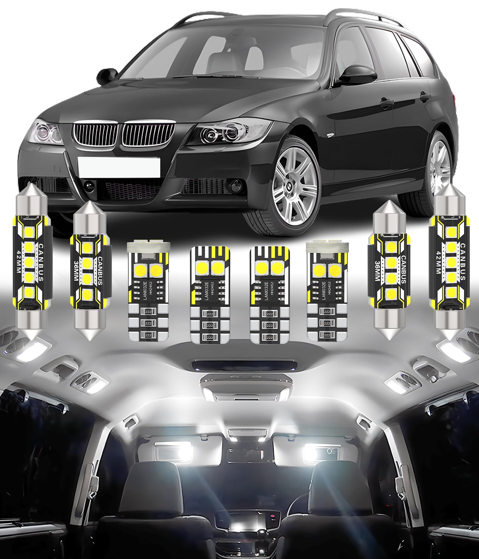 BMT xms 21pz Kit di Luci LED per Interni per BMW 3 Series E90 E91 Sedan Wagon Touring 2005-2013, Lampadine LED per Interni Auto e Camion 6000K Bianco Luminoso
