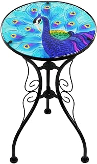 Marco Paul Glass Top Decorative Outdoor Bistro Table Round Shaped Classic Style Garden Side Table Heavy Duty Metal Frame Table Garden Furniture for Decking Patio Drinks Table 56cm (Peacock)