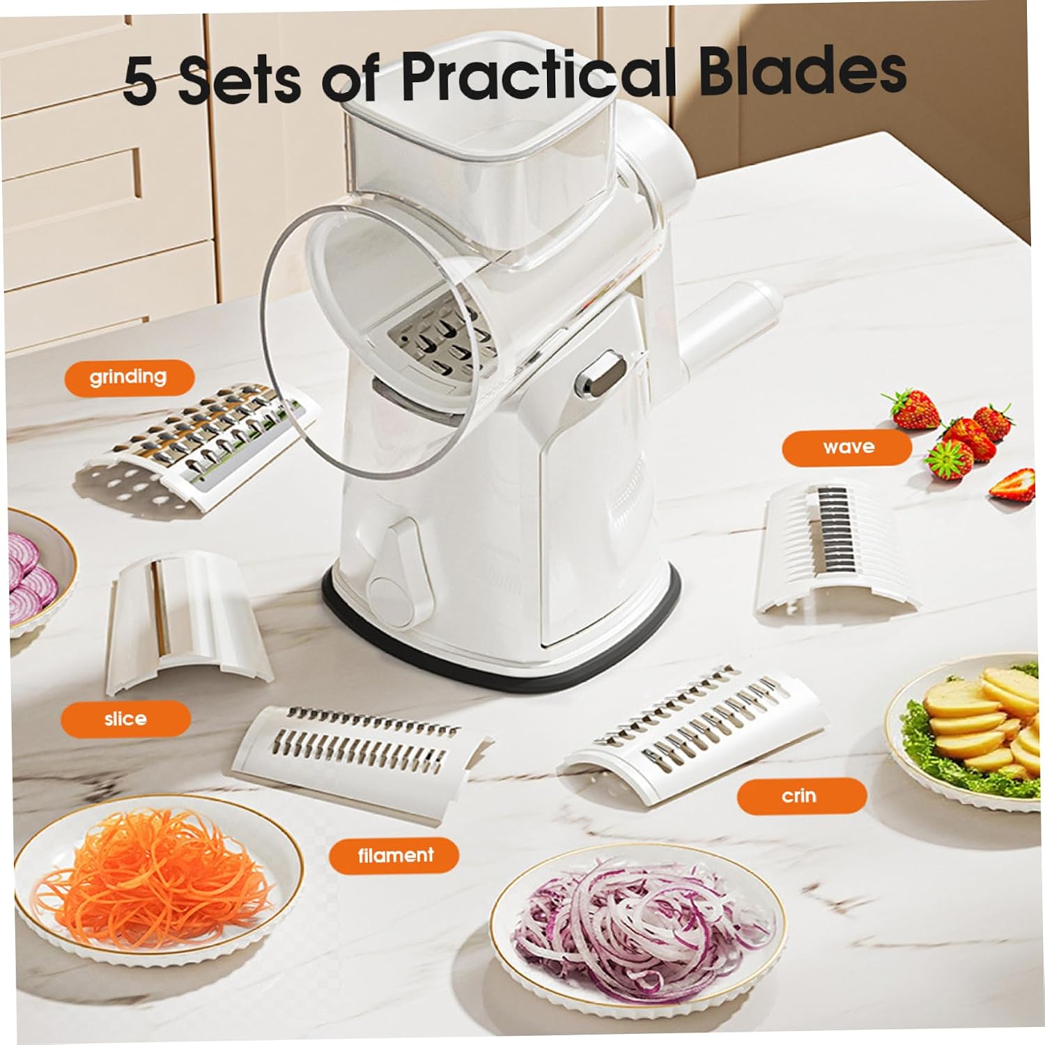 5 in 1 Rotary Cheese Grater Vegetable Slicer, Hand Crank Operation with Suction Base, 10-Blade Safe Mandoline with Splash Guard, Professional Kitchen Tool White, Indoor Decorations