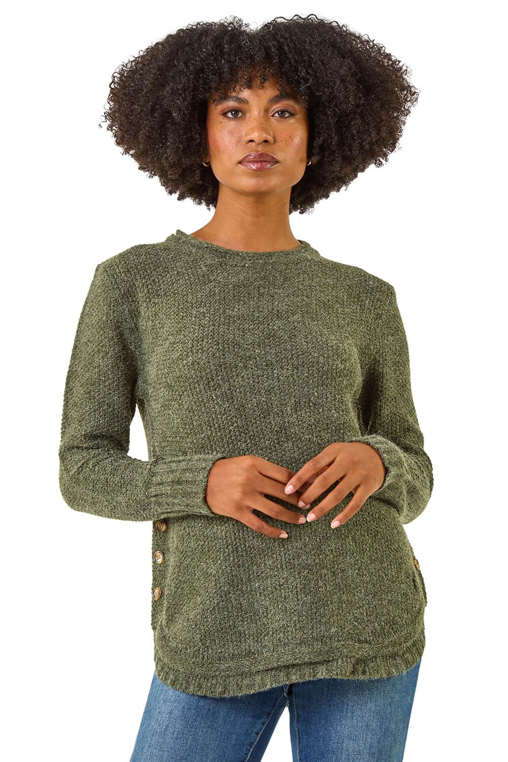 Roman Women's Khaki Button Detail Curved Hem Jumper In | : Size 16
