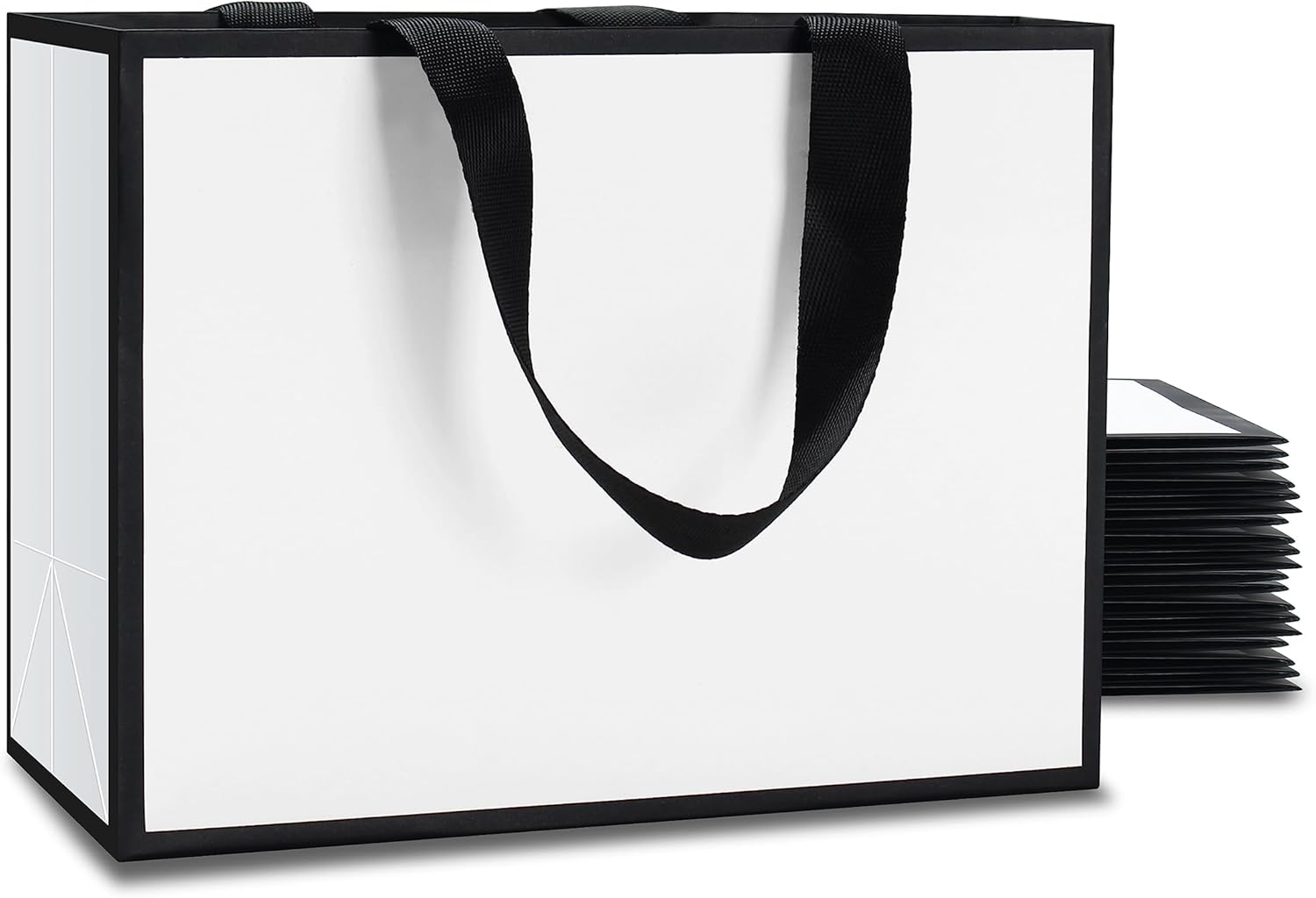 Small White & Black Gift Bags, 10 Pcs, 8x3.75x6 Inch, Ribbon Handle, Mini Gift Bags for Party, Birthday, Goodie Bag, Favor Bag