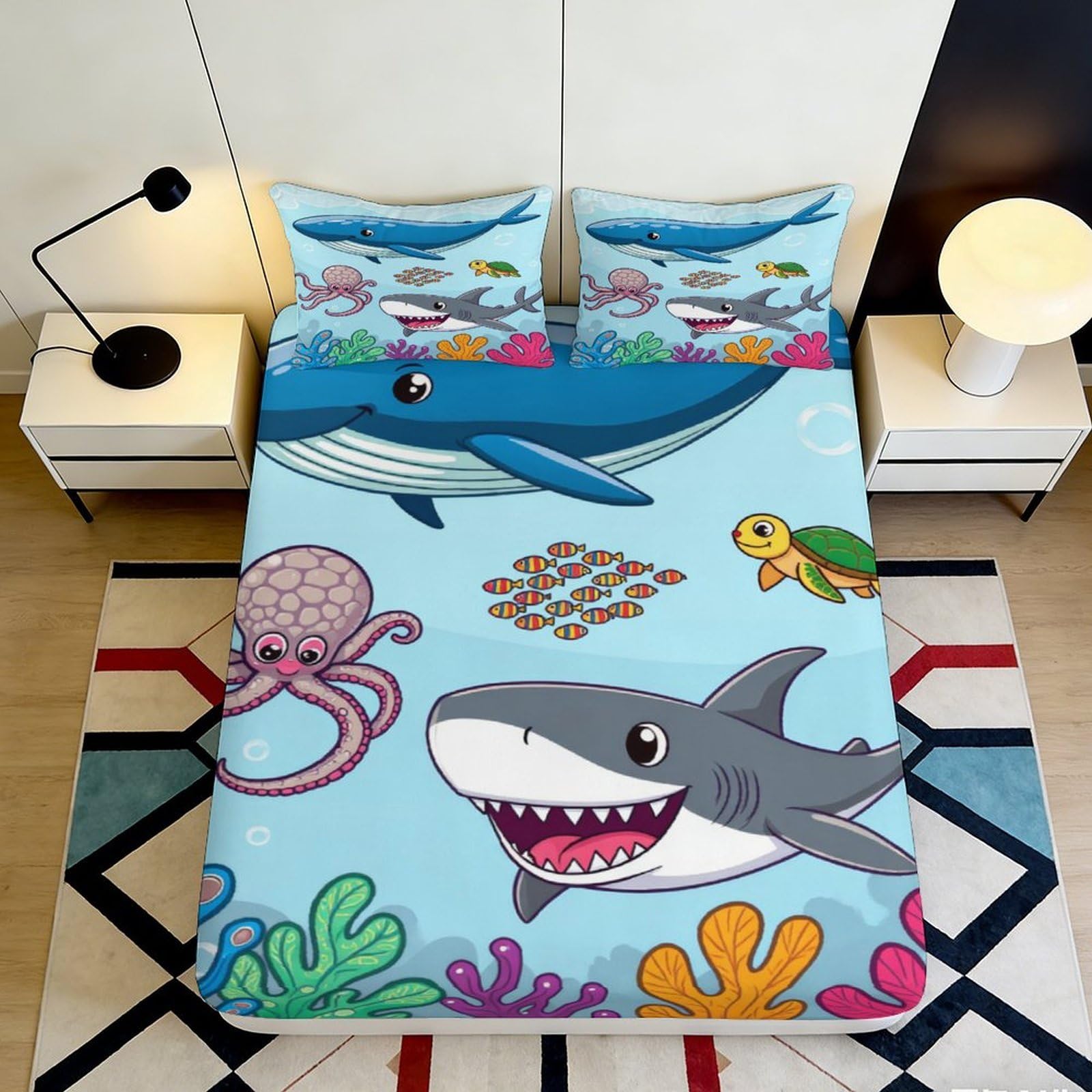 Jqzkxnhpbr Style-9 3D Printed Shark Ocean Fitted Sheet Microfiber Soft Underwater World Mattress Cover Bedroom Dorm Decor 90X200x25cm