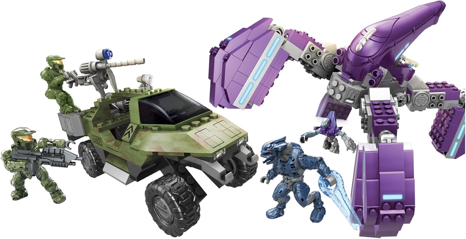Mega Bloks Halo Wars UNSC Gausshog and Covenant Locust assembled with figures