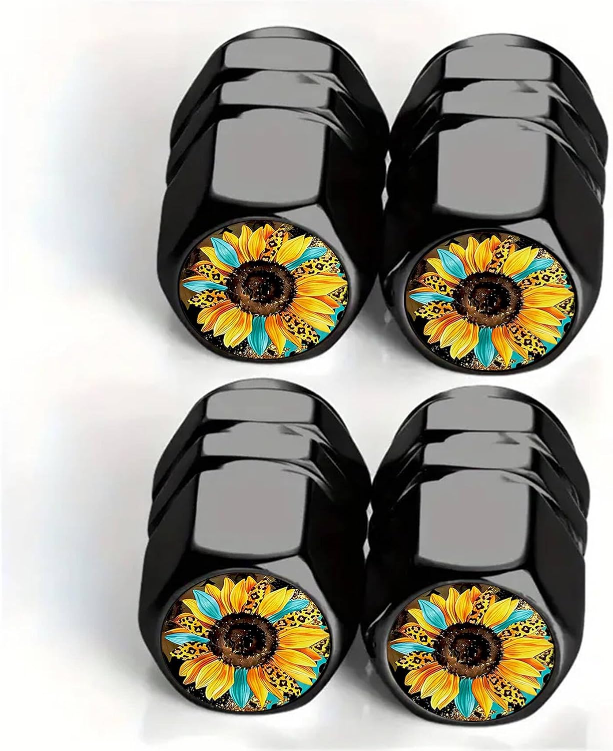 4Pack Sunflower Leopard Tire Valve Stem Cap Aluminum Rust-Proof Valve Cover