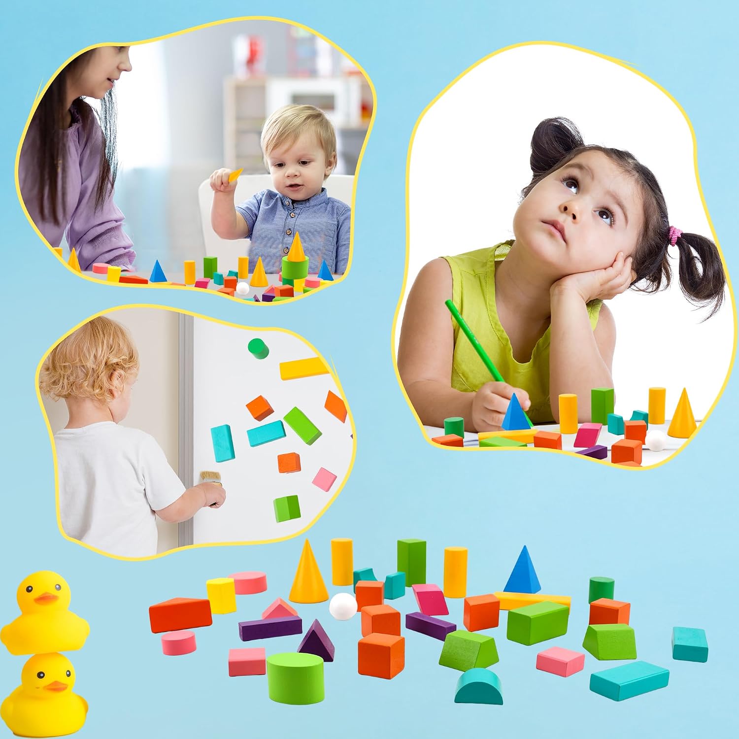 32 Pcs Wooden Geometric Solids Large Size Wood 3D Shapes Solids Blocks Colorful Geometric Shapes Blocks Set for Kids Teaching Preschool Learning Geometry Math