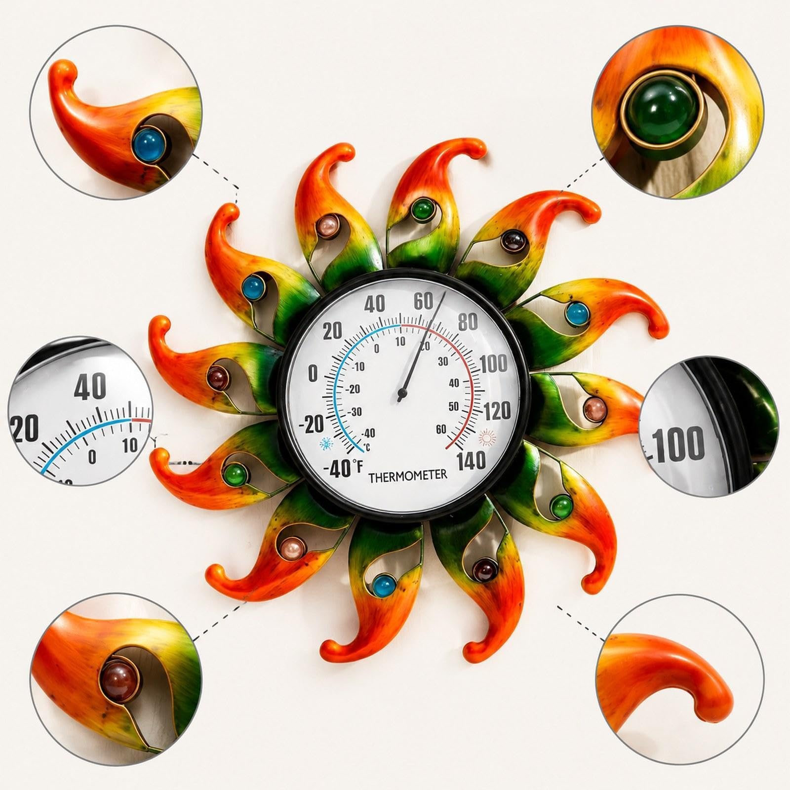 Sharplace Termometro da esterno Sun, decorativo per giardino, regalo di compleanno, termometro da parete in metallo a forma di girasole per cortile e giardino, Orangina