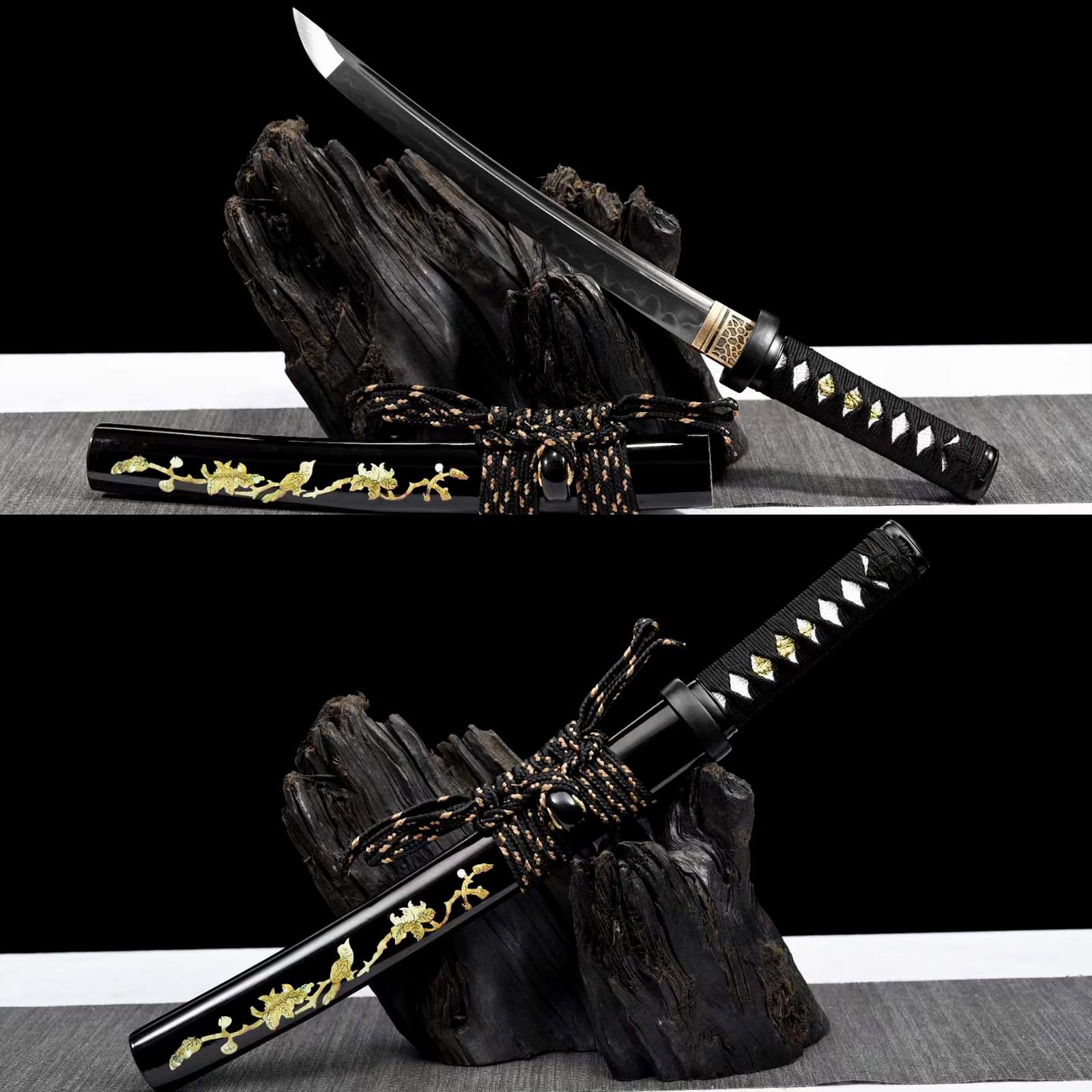 52,5cm handgefertigtes Wakizashi,Klinge aus T10-Stahl mit handgebranntem Wellenmuster,Scheide aus massivem Holz mit Lack,echtes Katana-Schwert für Geschenke,Sammlung,Spielen,Selbstverteidigung,Fitness