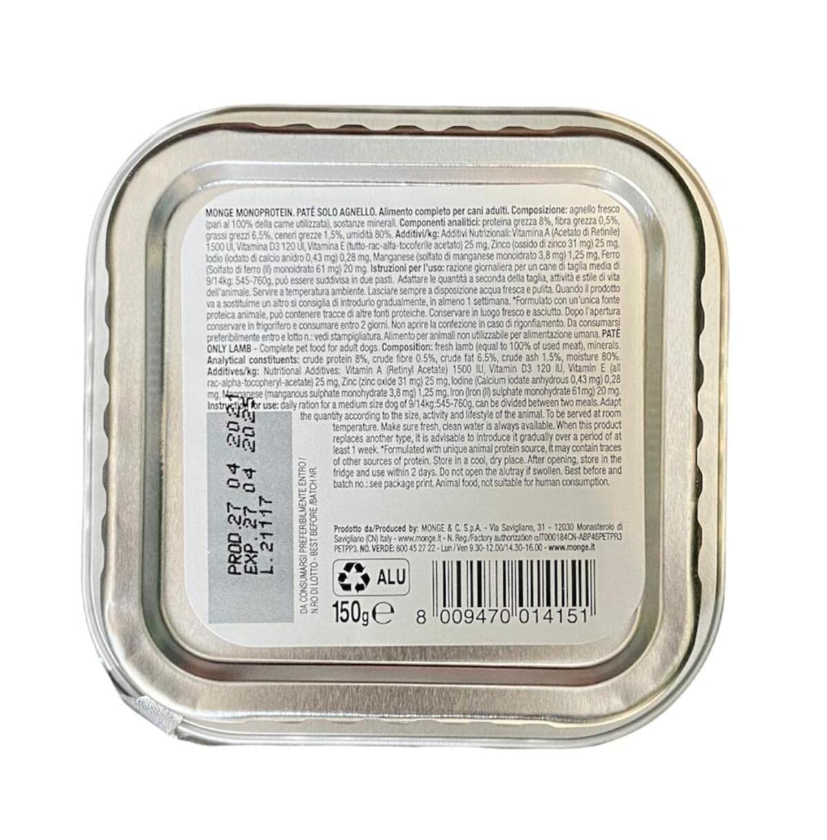 Monge Monoprotein Cibo umido per Cane solo Agnello, naturalmente senza coloranti, conservanti e zuccheri aggiunti. Confezione da 24 vaschette (1 = 150gr.)