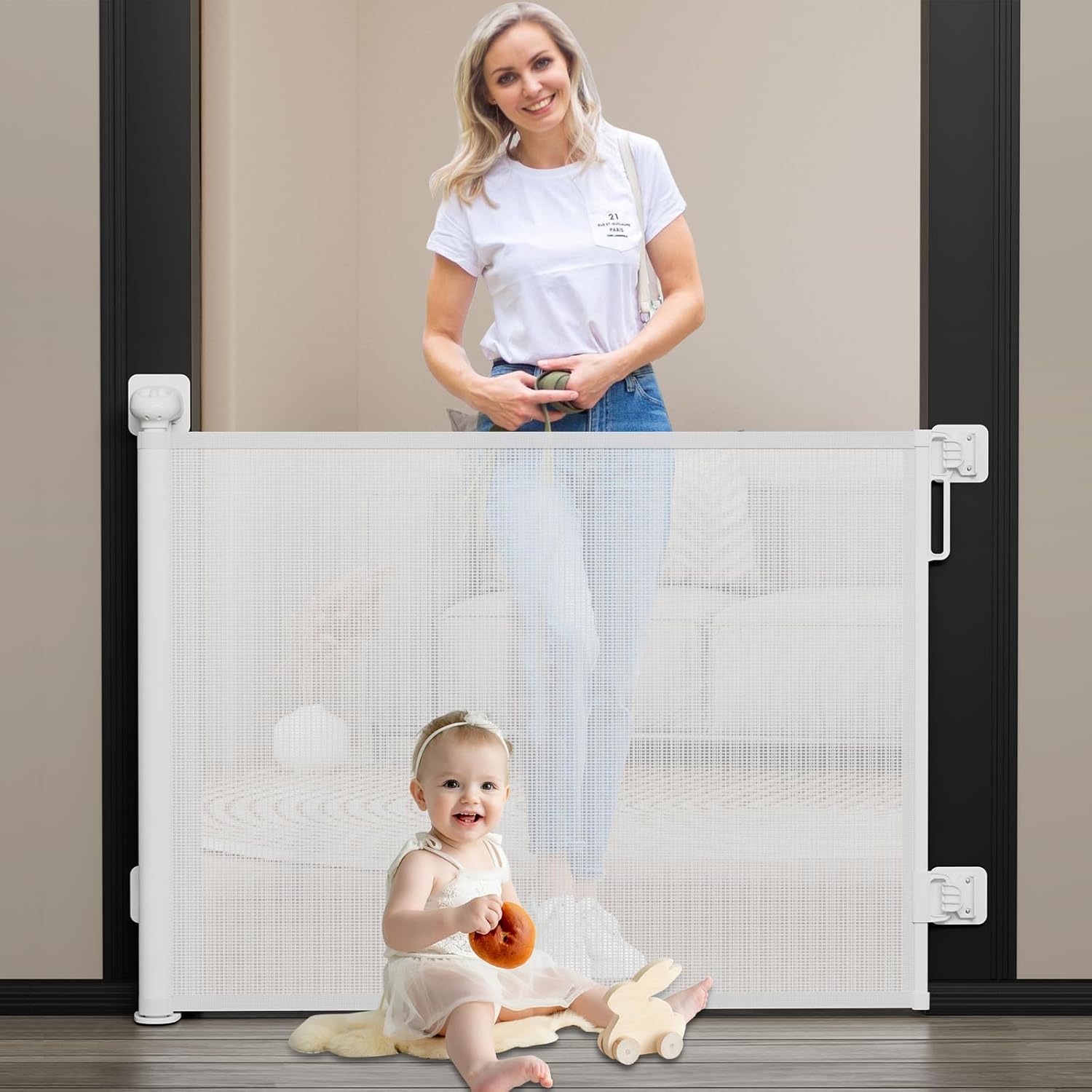 Babepai Baby Gate for Stairs No Drill, Punch Free Retractable Baby Gates Extends to 72" Wide 34" Tall, Reractable Dog Gate for Doorways, Stair Gate for Outdoor, Indoor, Hallways, Deck, Porch B-white 34" Tall x 72" Wide-No Drilling