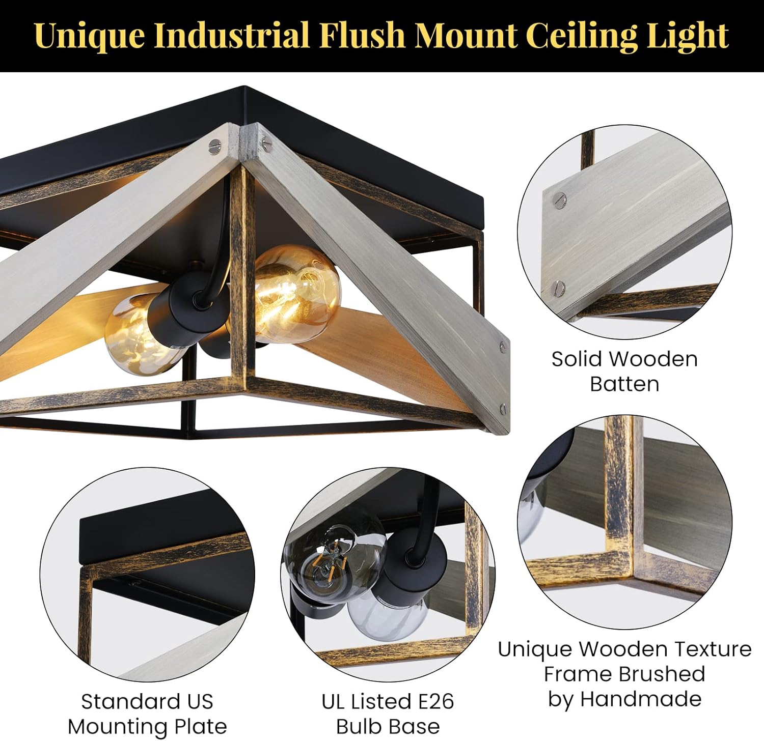ceiling light industrial flush mount ceiling light 2-light farmhouse light fixtures ceiling mount metal and wood square ceiling light fixture for kitchen hallway dining room entryway balcony