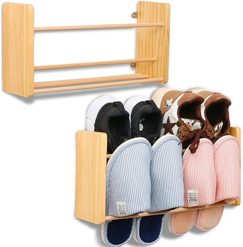 Miniatura 1 de Zapatero de pared, paquete de 2 zapateros de madera para montar en la pared, puede almacenar 8 pares de zapatos, almacenamiento y organización de