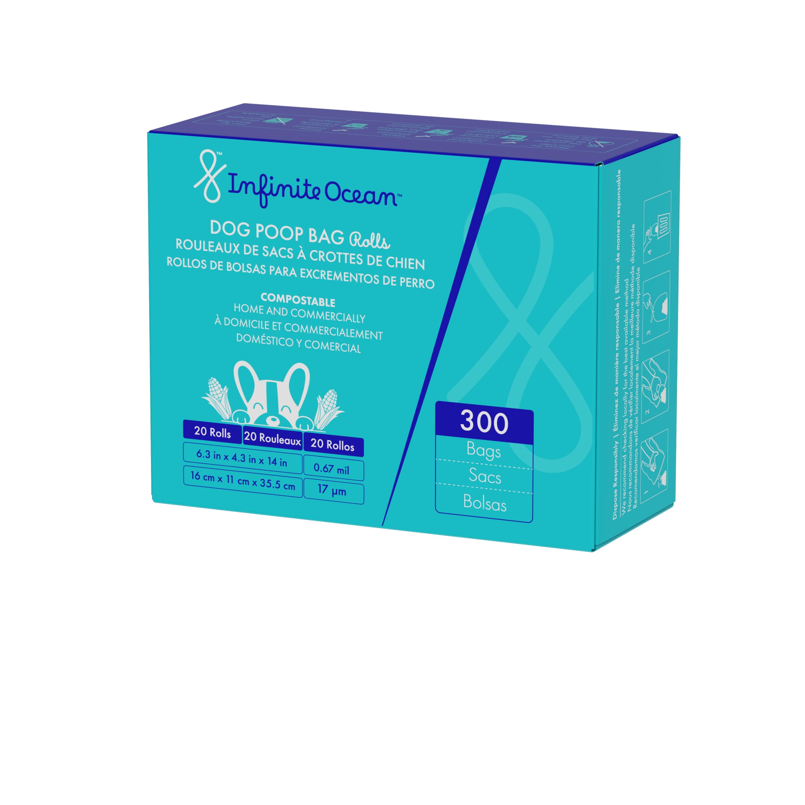 Certified Home Compostable Dog Poop Bag Rolls, 300 Tie-Handle & Gusseted, Leak-Proof, Odor-Proof Bags, Thick Blue Refill Rolls, Unscented