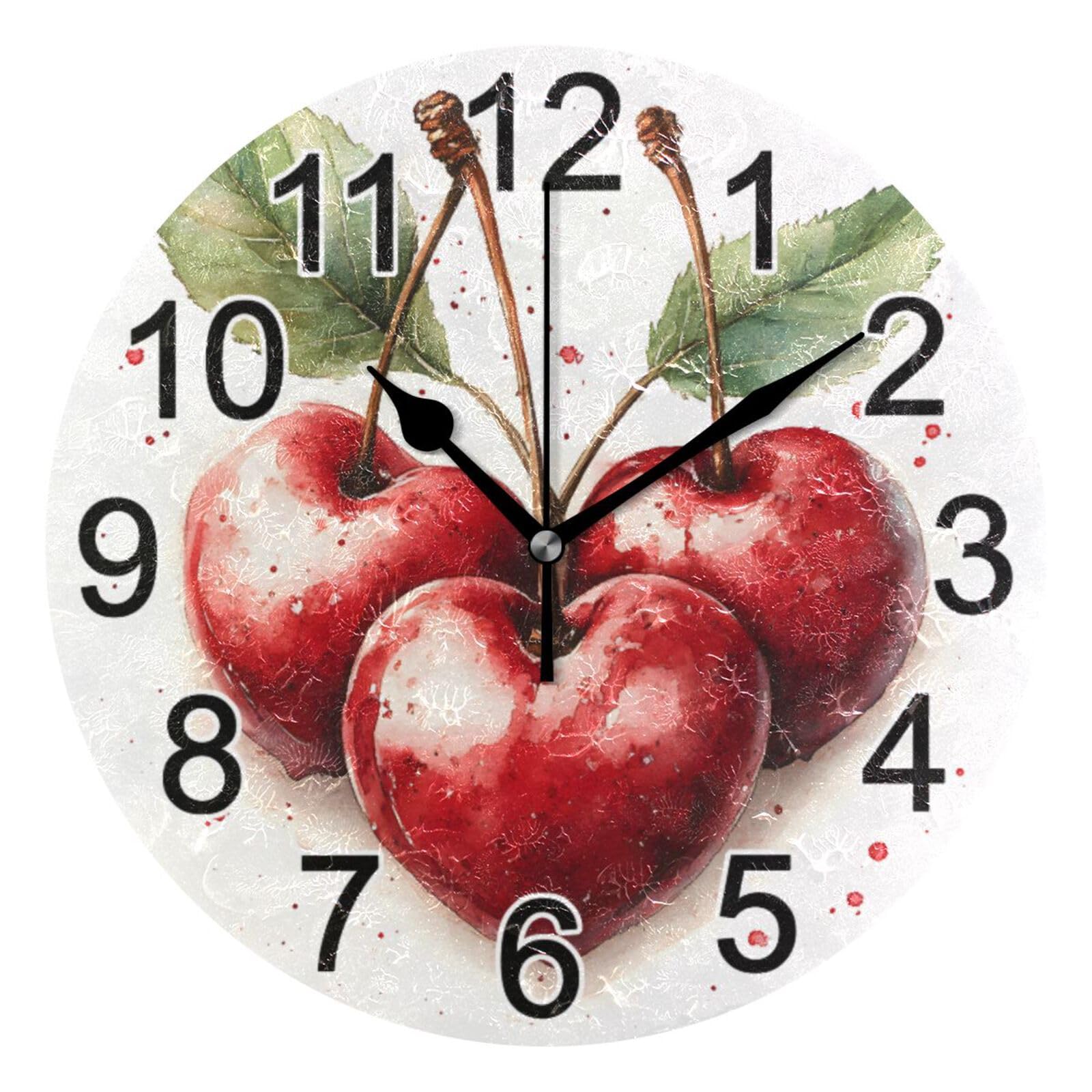 Mnsruu Watercolor Cherries Wall Clock Non Ticking Silent Kitchen Clock Battery Operated Clocks Round Decorative for Living Room Bedroom Bathroom Home Office