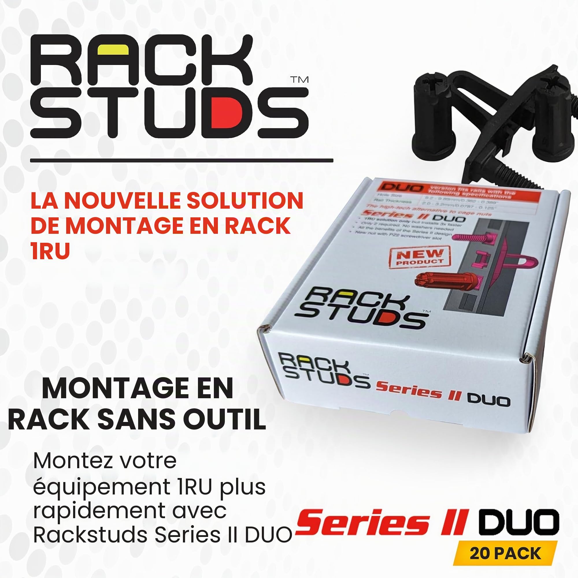 DUO20 Solution de montage en rack 1RU série II - Alternative aux vis et écrous traditionnels ppour rack et vis pour rack de serveur pour l'installation de matériel de serveur - 20 Paquets, Universelle