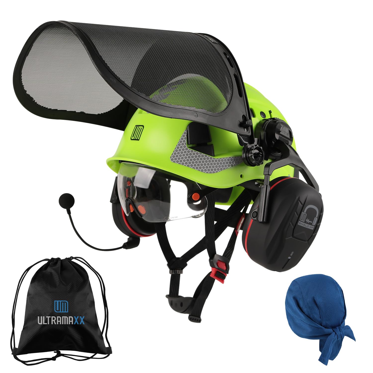 UM ULTRAMAXX Forestry Safety Helmet with Built-in Visor, Mesh Face Shield, and Bluetooth Ear Muffs, 5 in 1 Arborist Helmet for Chainsaw, Logging, and