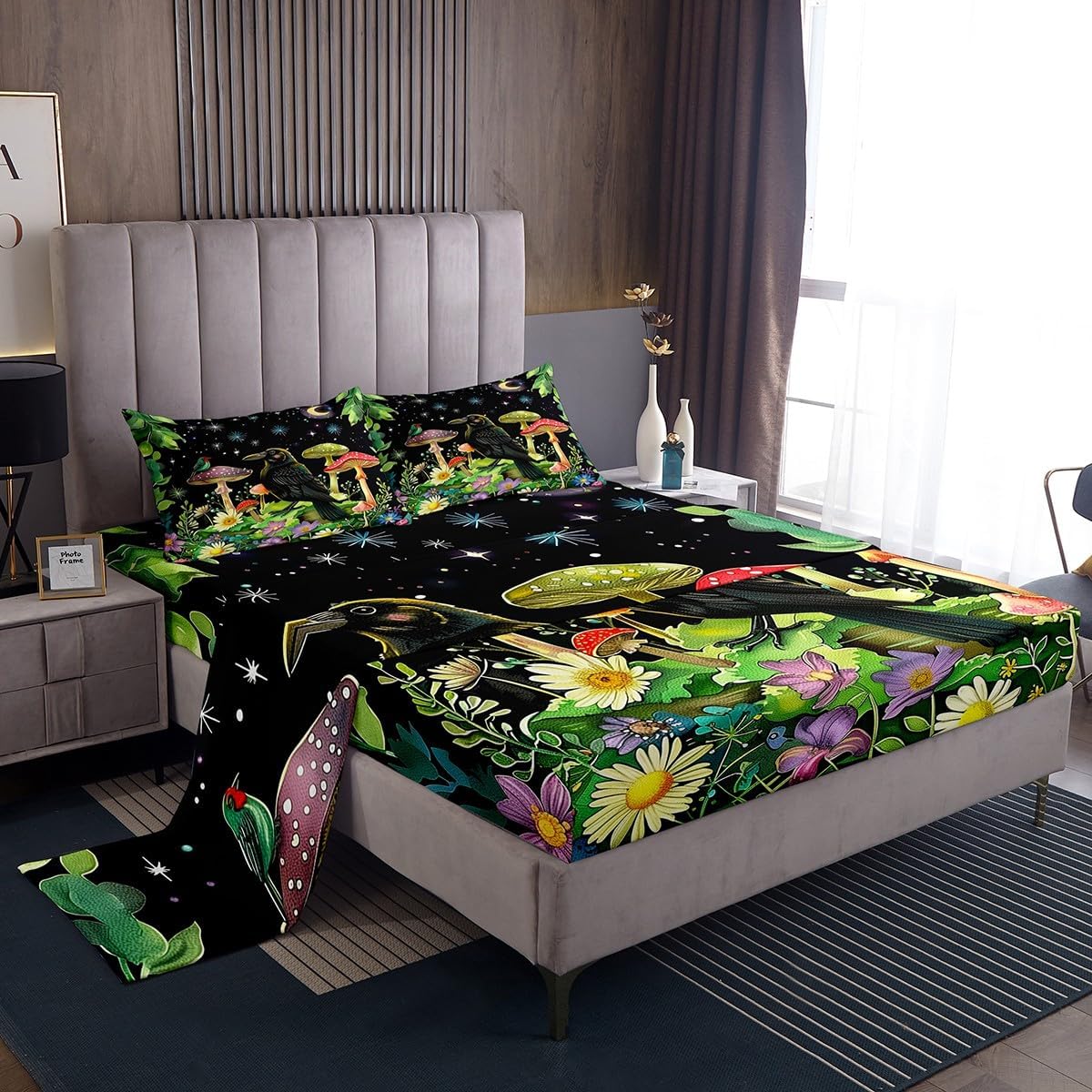 Erosebridal Halloween Decorations Sheet Set Magiocal Mushroom Woodland Bed Sheets Set, Horror Black Crow Sheets Queen, Fairy-Tale Natural Botanical Flowers Bed Set with 2 Pillowcases