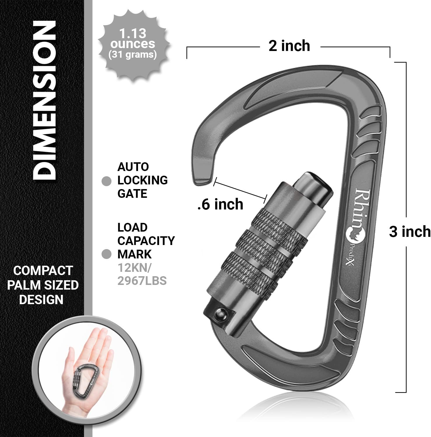 Rhino Produxs 12kN (2697 lbs) Heavy Duty Carabiner Clips image 2