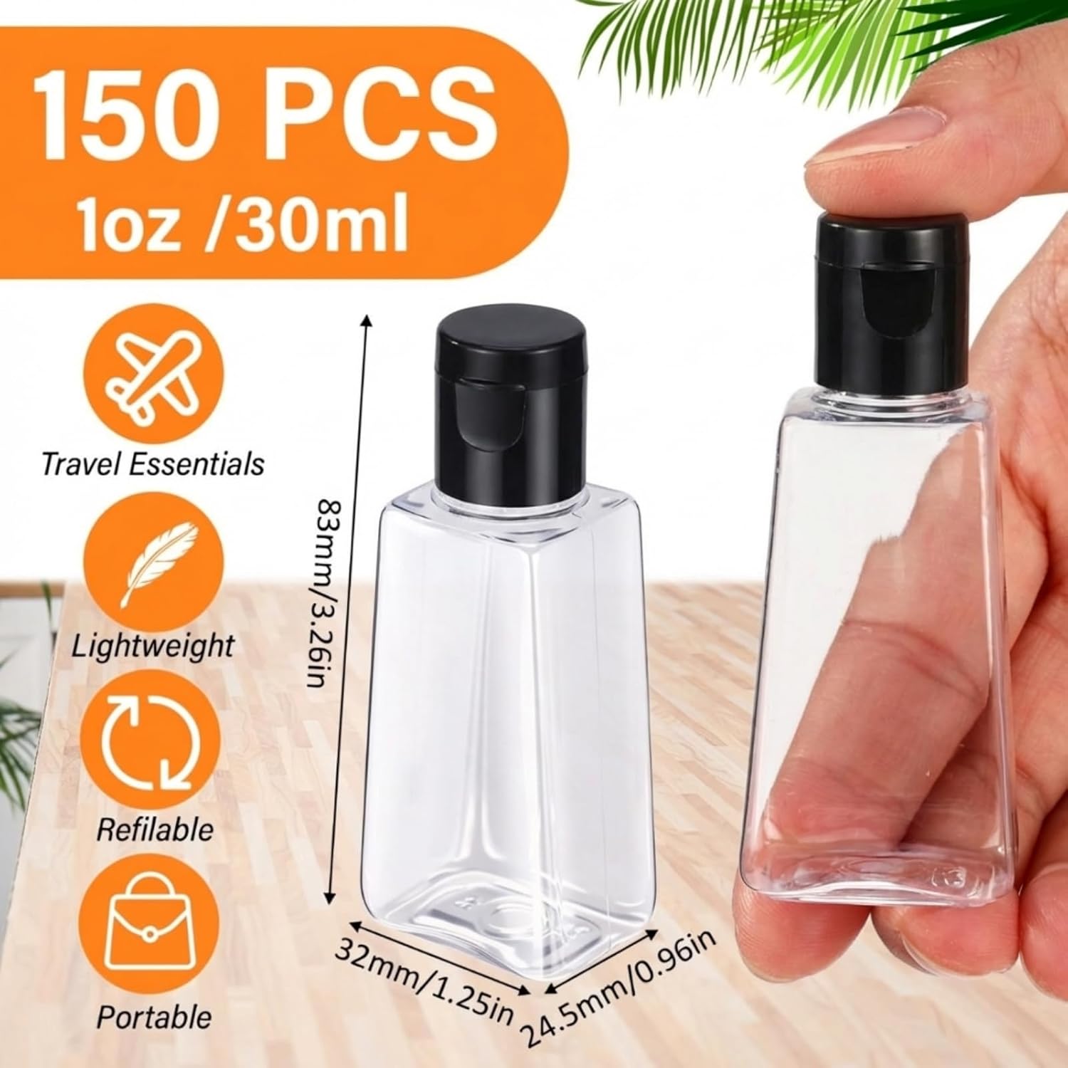 LemonRoad 150 Pcs 1 oz Empty Travel Bottles Bulk Mini Hand Sanitizer Bottle with Flip Caps Portable Clear Empty Refillable Containers for Shampoo Lotion Liquid Body Soap Cream Toiletries (Black Lid)