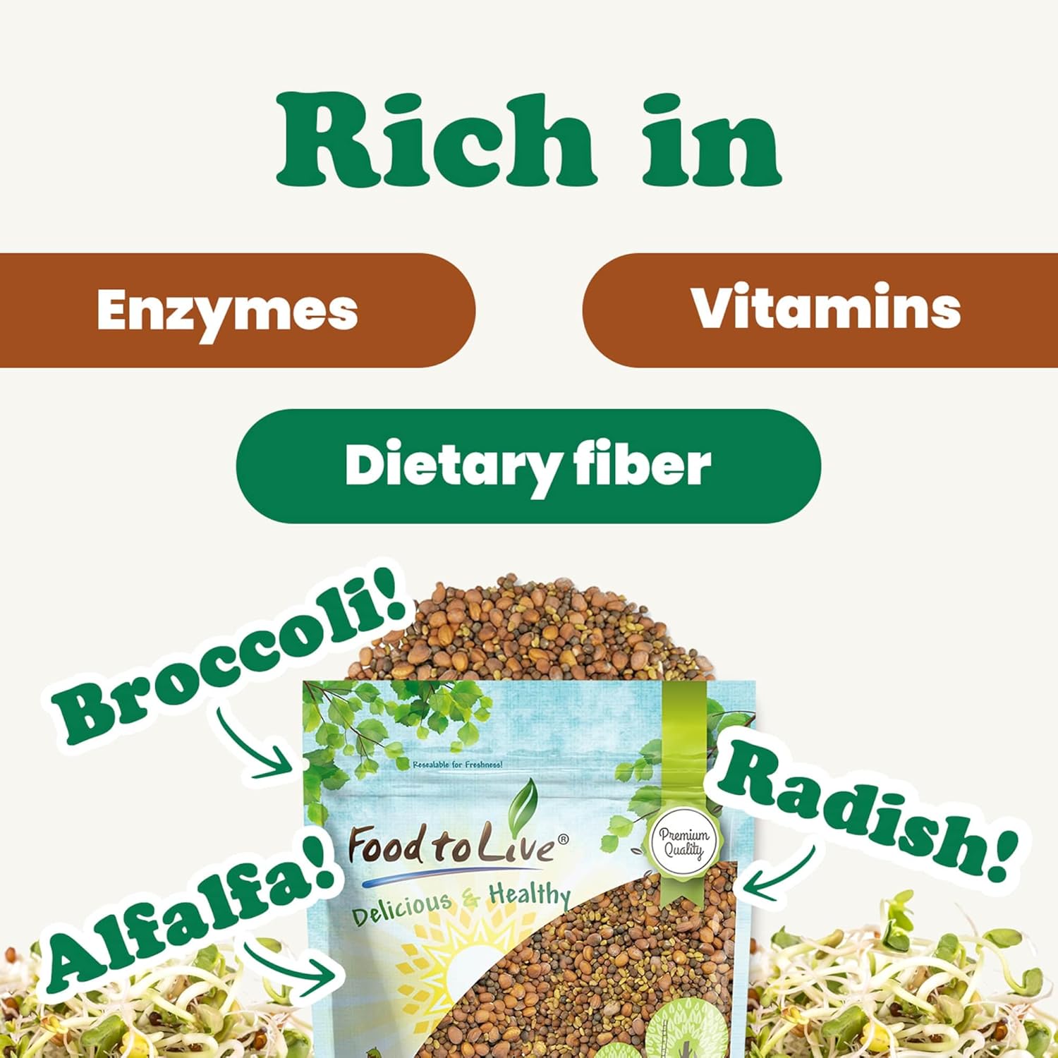 Food to Live Spicy Mix of Sprouting Seeds, 5 Pounds - Broccoli, Radish, Alfalfa, Kosher, Raw