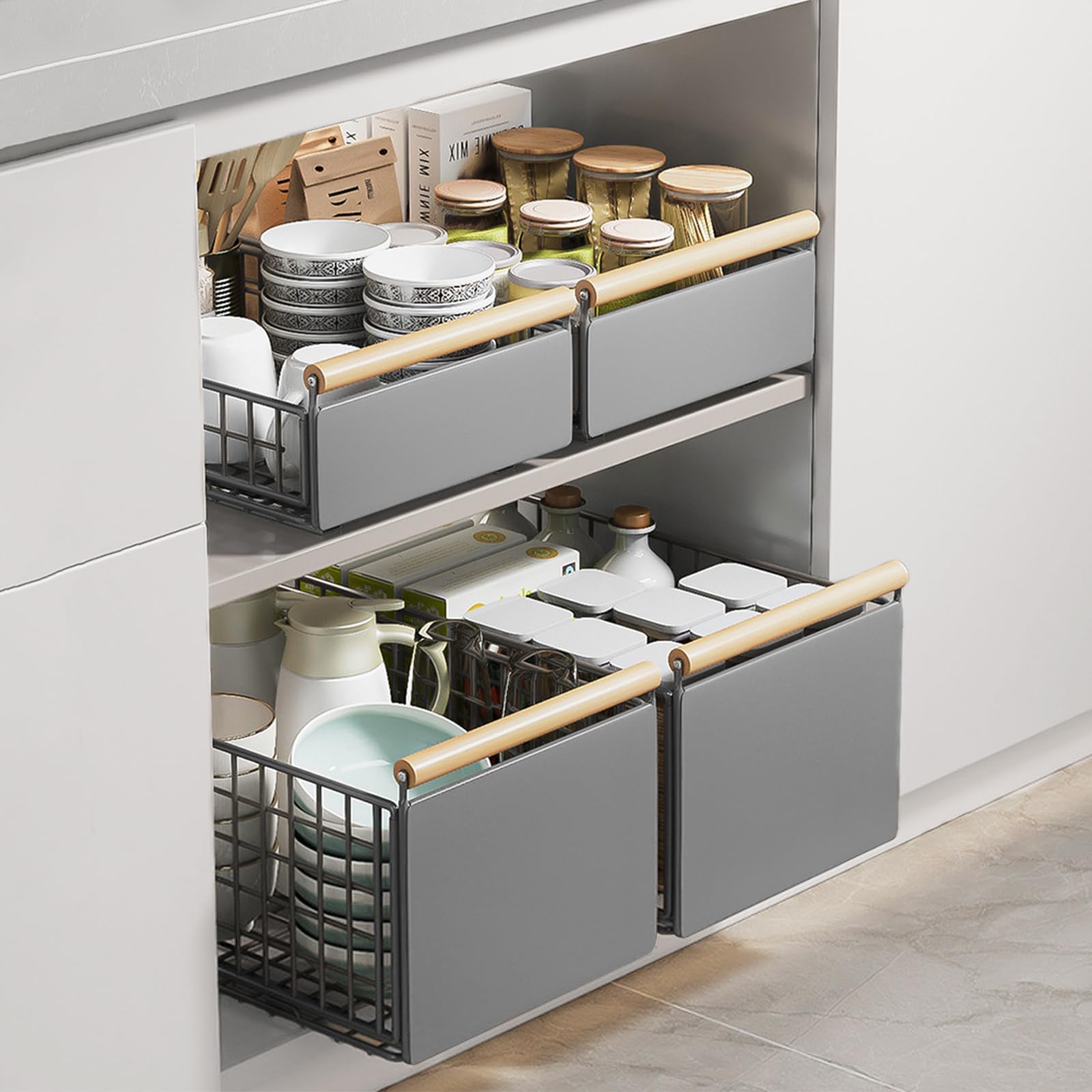 2 paquetes de organizadores plegables para armario con mango de madera, organizador de armario plegable para la cocina, estantes de despensa, cajones de almacenamiento, estante de armario de