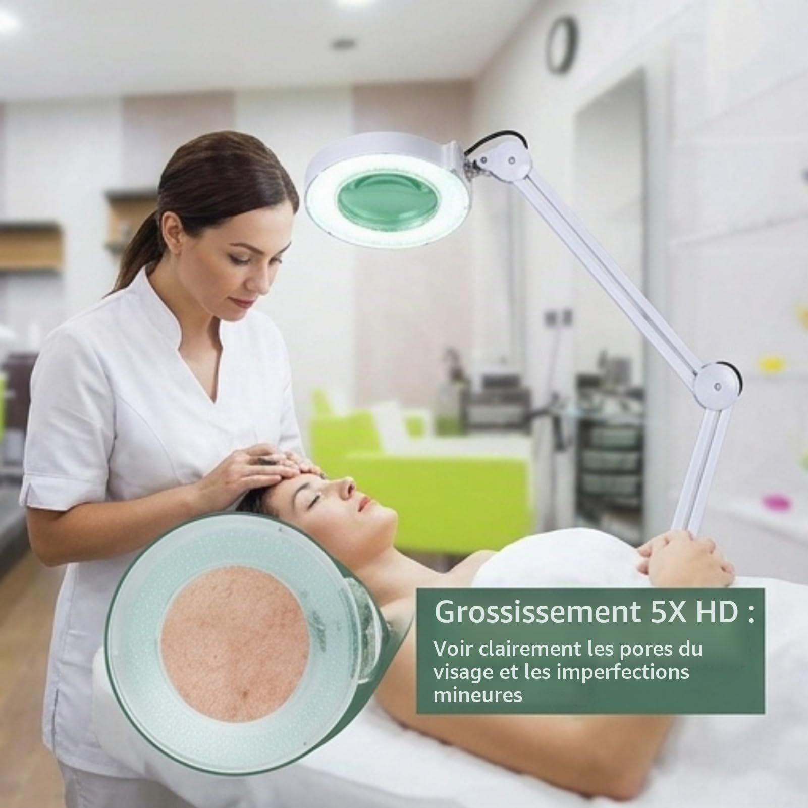Greensen Lampe Loupe LED 5x avec Bras Réglable, Réglable en Hauteur et Angle, Lampe Esthétique sur Pied Professionnelle pour Manucure, Tatouage & Soins de Beauté