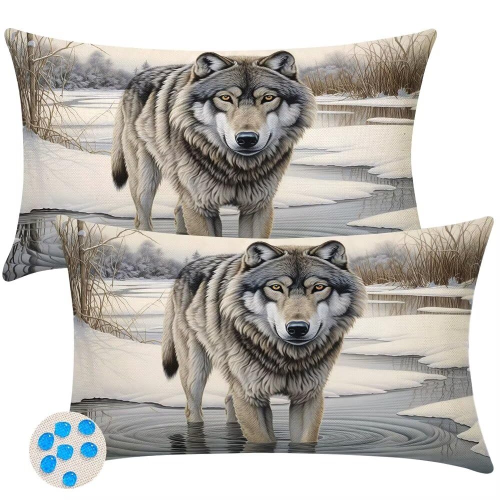 Outdoor Cushions Waterproof Cushion Covers 35cm x 55cm Pack of 2 Animals Garden Cushion Cover Winter Wolf Throw Pillow Covers 14 x 22 Inch Outdoor Pillowcase for Garden Furniture Living Room -SC372