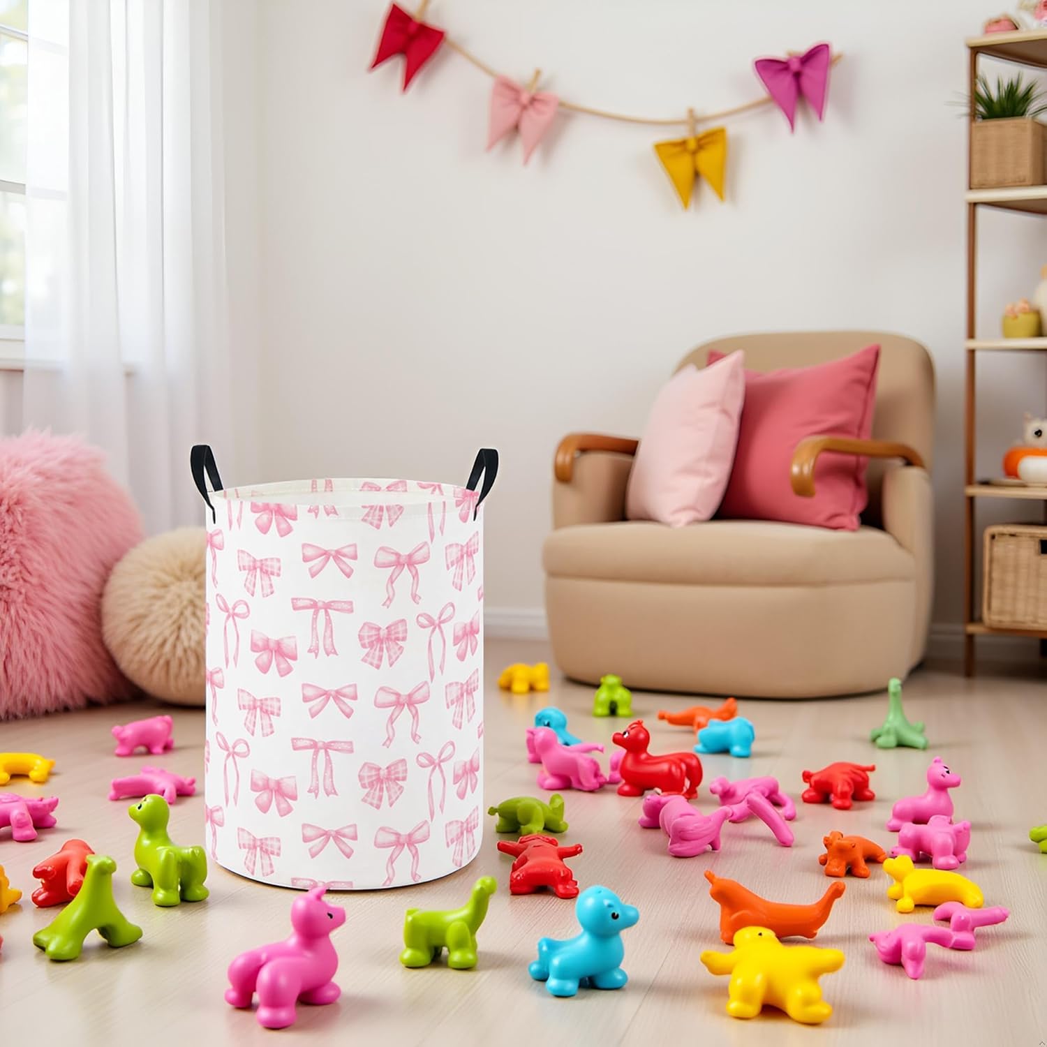 HIYAGON Baby Laundry Hamper Basket Baby Hamper for Nursery Boy and Girl Cute Kids Toys Storage Bin Organizer Boho Room Decor(Pink Bowknot) - Image 4