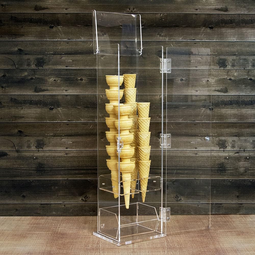 Porta coni gelato in plexiglass trasparente con vaschetta porta cucchiaini e con sportello - Misure: 16 x 13 x H61 cm