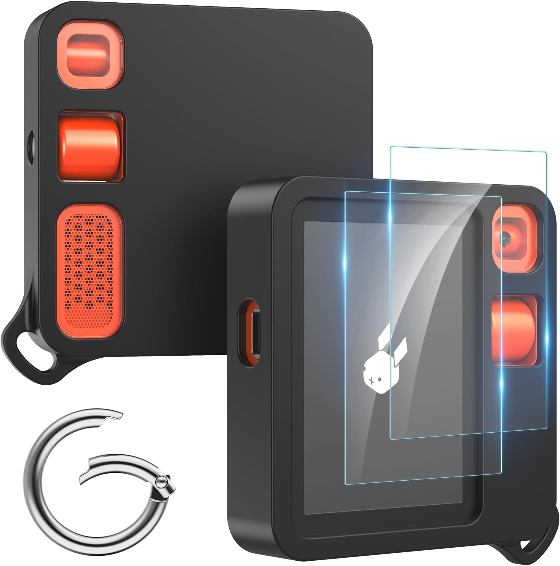 DDJ Case for Rabbit r1 with Spring Clip Keychain & 2 Pack HD Tempered Glass Screen Protector, Anti-Scratch, [Upgrade Liquid Shockproof Silicone Case] Slim Protective Cover for Rabbit R1 Black