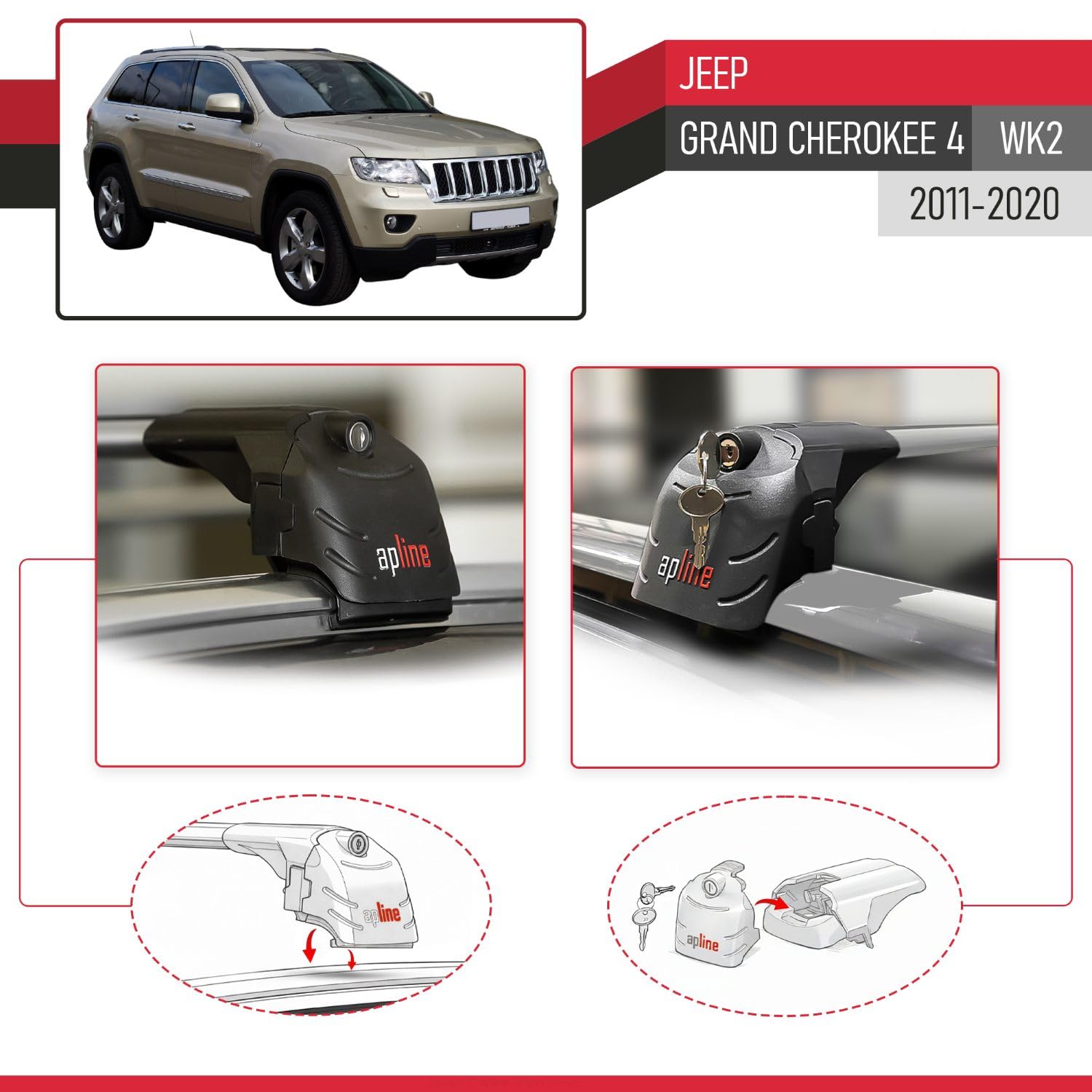 Compatibile con Jeep Grand Cherokee 4 (WK2) 2011-2020 Modello ACE-2 Barre Tetto Portapacchi Auto Barre Portatutto Grigio Alluminio 2 Barre
