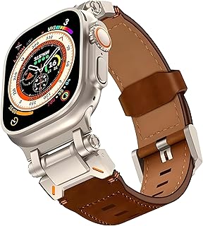 سوار ساعه من الجلد الفاخر بموصل معدني منNext Store متوافق مع ساعه اي ووتش سيريس1/2/3/4/5/6/7/8/9/الترا/الترا2/SEمقاس42/44/45/49 مقاوم للصدا