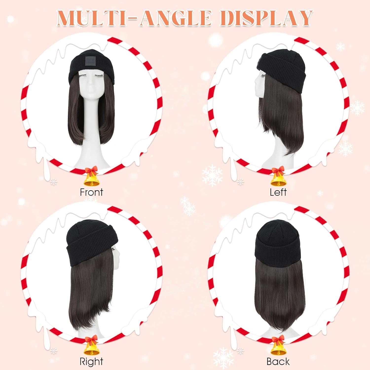 Benehair Beanie Wig Hair Extensions, Knitted Hats with Synthetic Bob Wig Hairpieces for Women Winter, 11 Inch Short Straight Dark Brown Hair with Black Beanie
