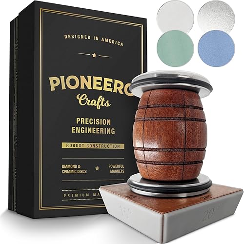 Kit de afilador de cuchillos con discos de repuesto - v.3.0, caja de regalo, madera de sapele premium, grande, base de 4 ángulos, discos magnéticos,