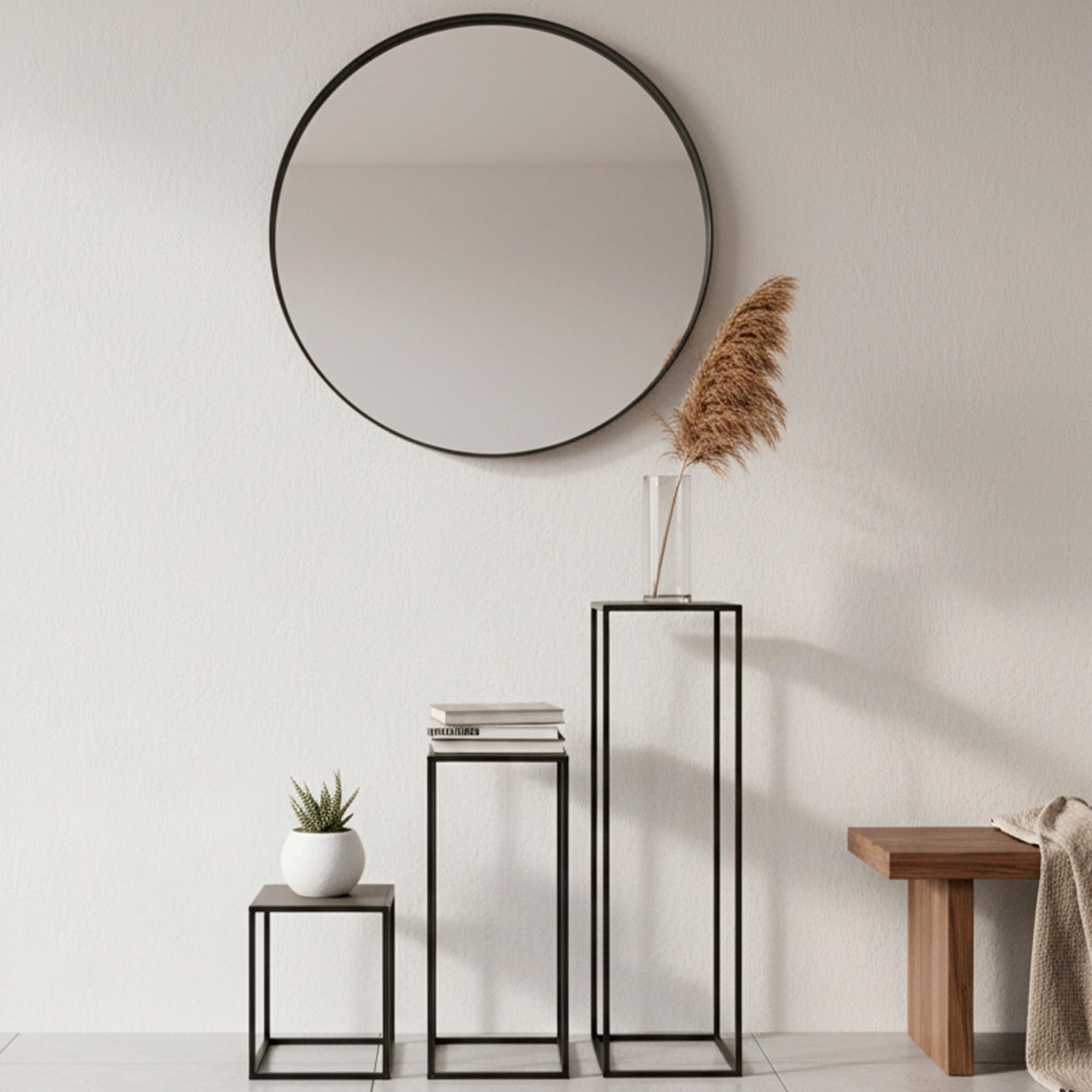 AKTIVE Max Home Set 3 tavolini quadrati 30x30x90 cm, 26x26x60 cm e 22x22x30 cm, peso max. 3 kg, legno grigio, gambe in metallo nero, per soggiorno, camera da letto, ingresso (18516)