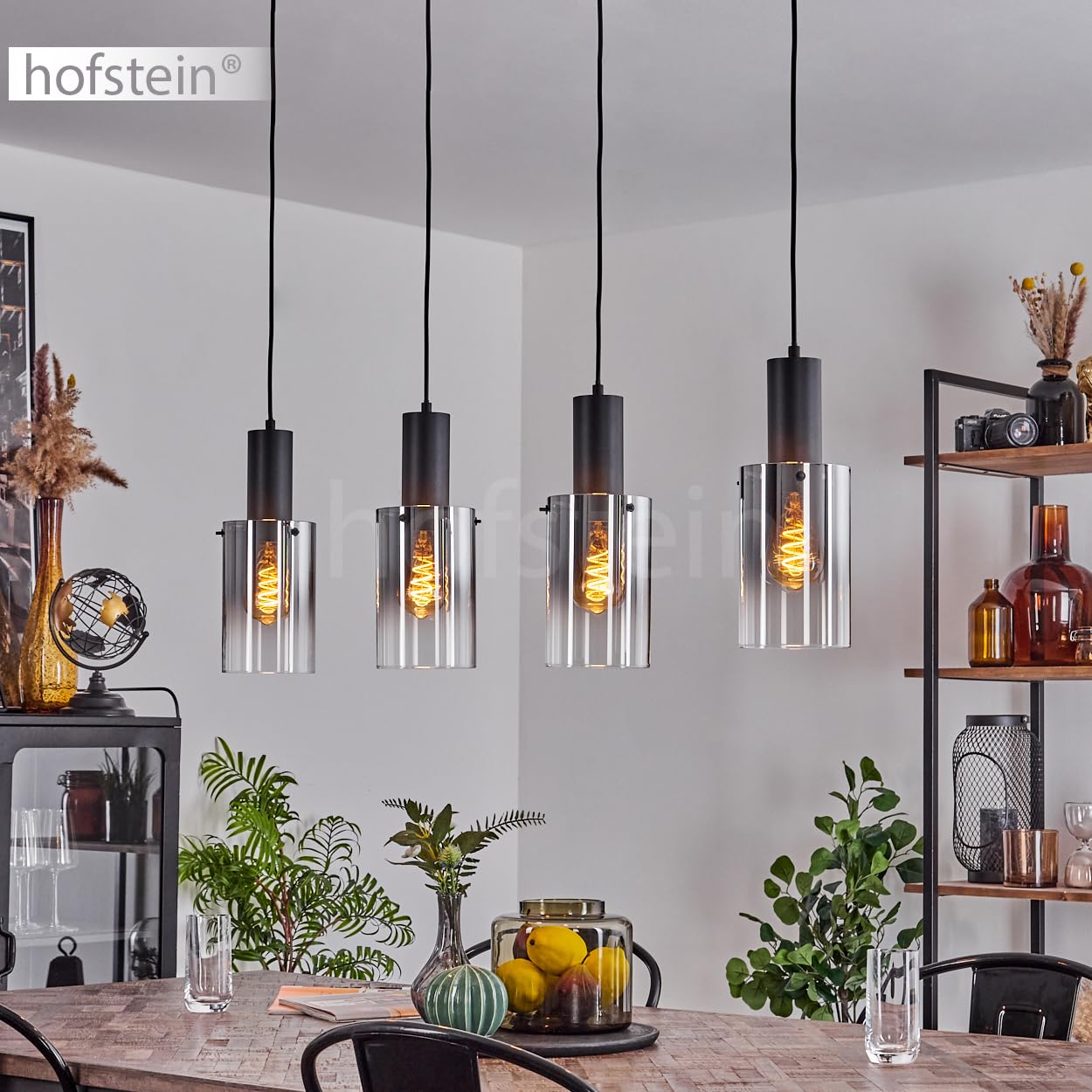 Pendelleuchte Sambour, Hängelampe aus Metall/Glas in Schwarz/Rauchfarben/Klar, Hängeleuchte im Retro/Vintage-Design mit Glasschirmen (Ø 12,5cm), 4-flammig, Höhe max. 140 cm, 4 x E27, ohne Leuchtmittel