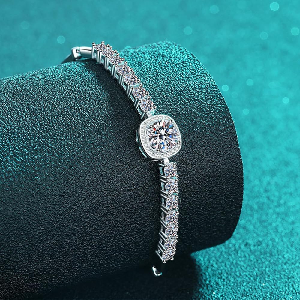 14K White Gold Over S925 Sterling Silver 2.4ct VS1 D-color Round/Square Cut Diamond Adjustable Bracelet for Women, Simple and Stylish Design with Full Shinning Gemstone Encrusted Detail