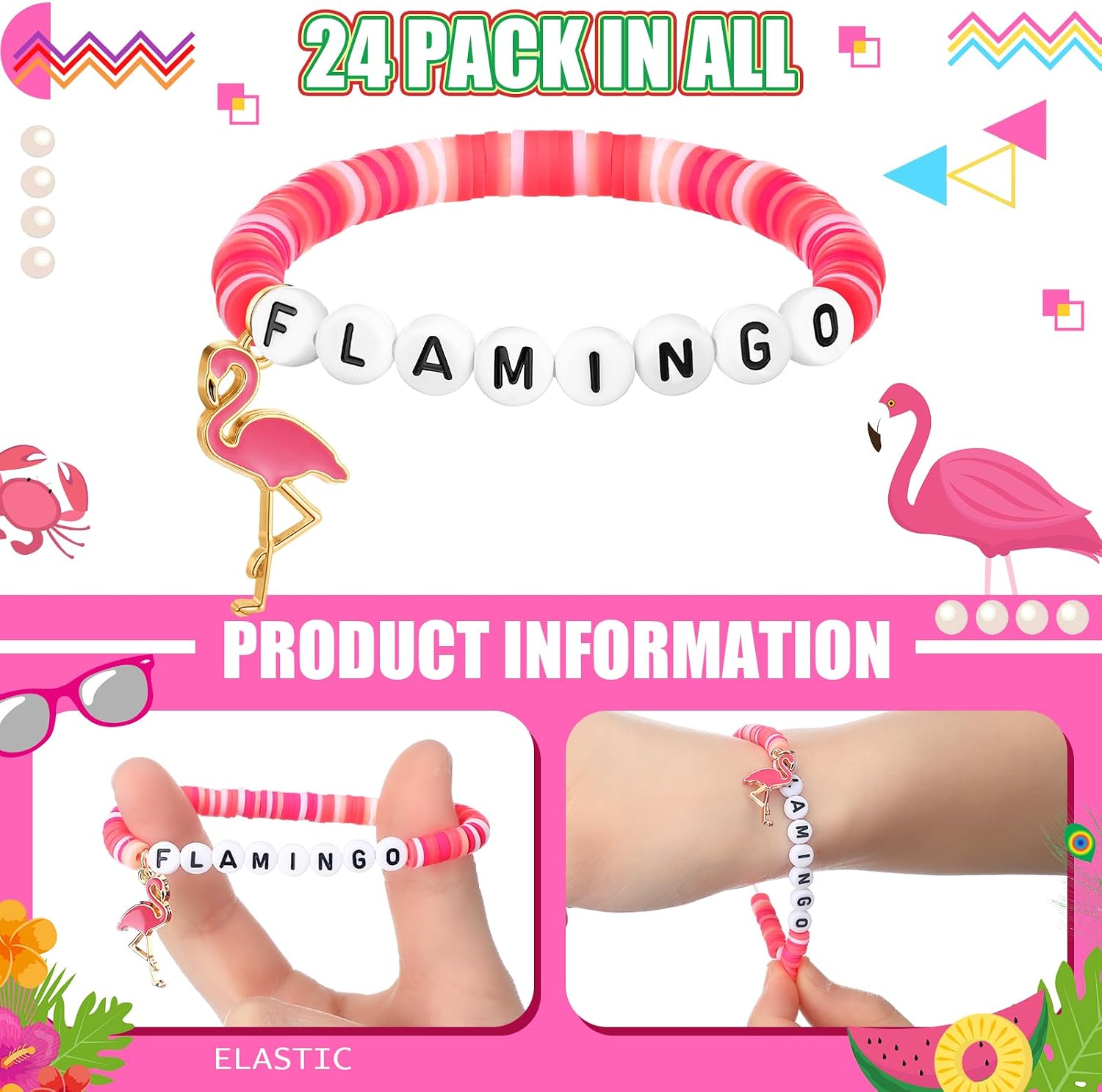 Huquary 24 Pcs Pink Flamingo Beaded Bracelets, Polymer Clay Stretch