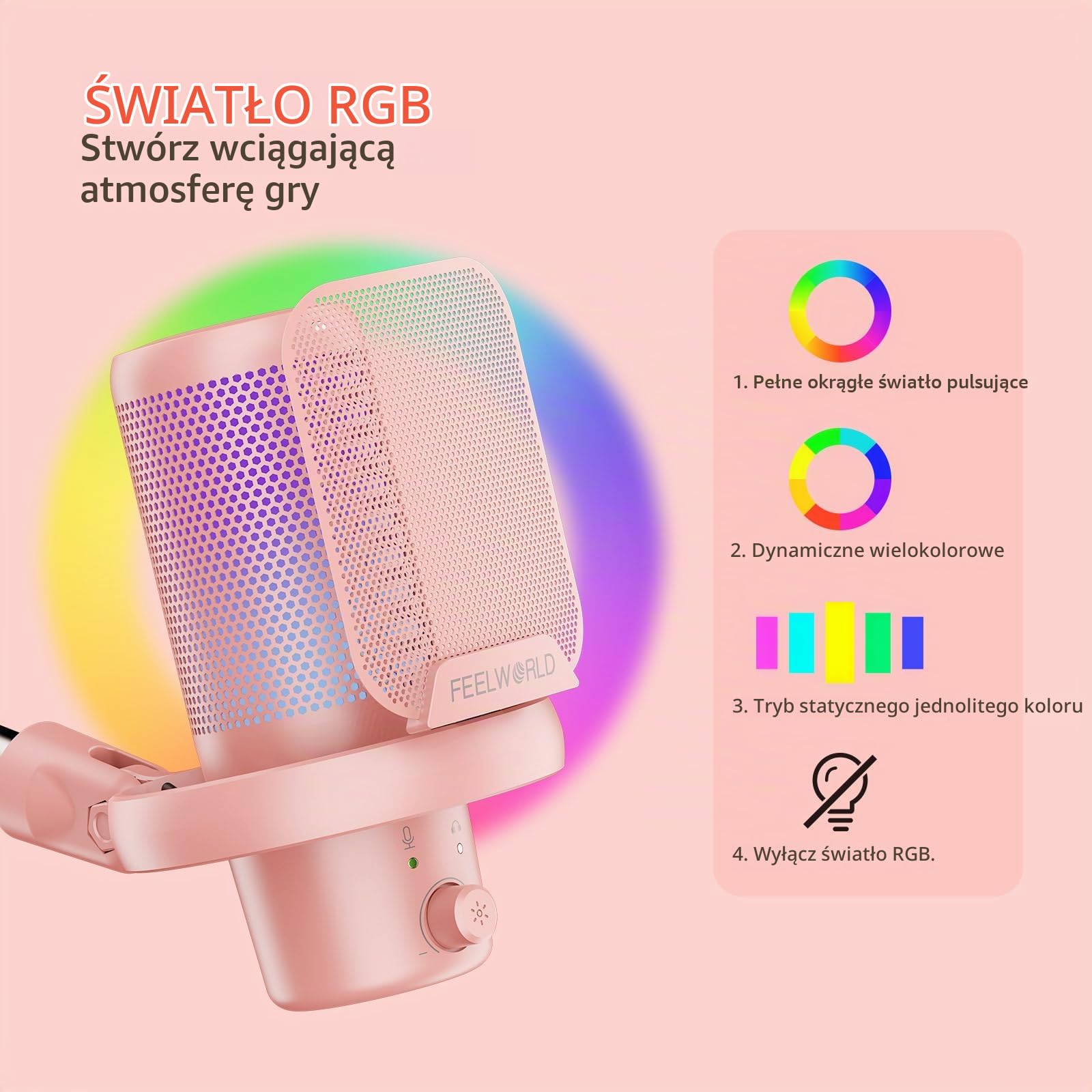 Feelworld VM1 mikrofon gamingowy USB ze stojakiem wspornikowym do nagrywania podcastów, gier wideo, studyjnego mikrofonu komputerowego, różowy z kardioidalnym wskazaniem, oświetlenie RGB, siatka
