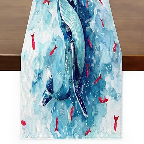 Camino de mesa de acuarela delfines, mantel de lino rústico otoñal, decoración de mesa de cocina y comedor para fiesta en el hogar, 13 x 72 pulgadas