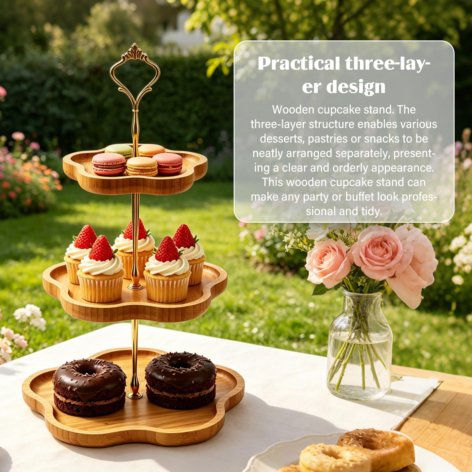Soporte para tartas de 3 niveles, de madera, 19,5 cm de diámetro, 24,5 cm de diámetro, 30,5 cm de diámetro, 3 niveles y diseño de flores, para cupcakes, postres, fiestas, casa, cumpleaños