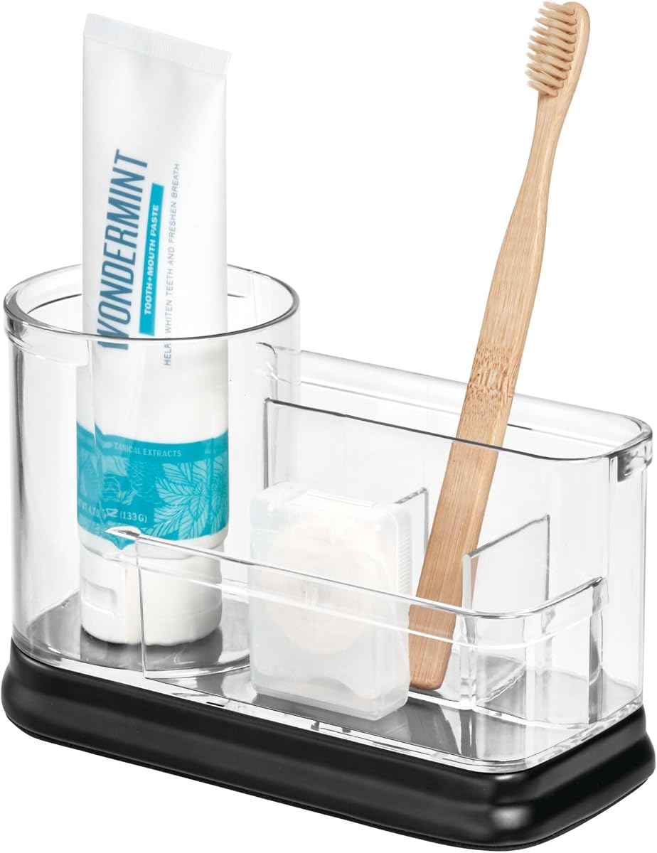 Organizador de tocador dividido iDesign, transparente/negro mate | Para encimera de baño o tocador.